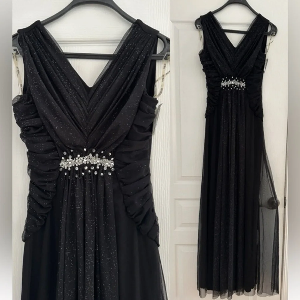 NWT A-Line Formal Maxi Dress‎ Sleeveless V-Neck Tulle Beaded Evening Gown Black
